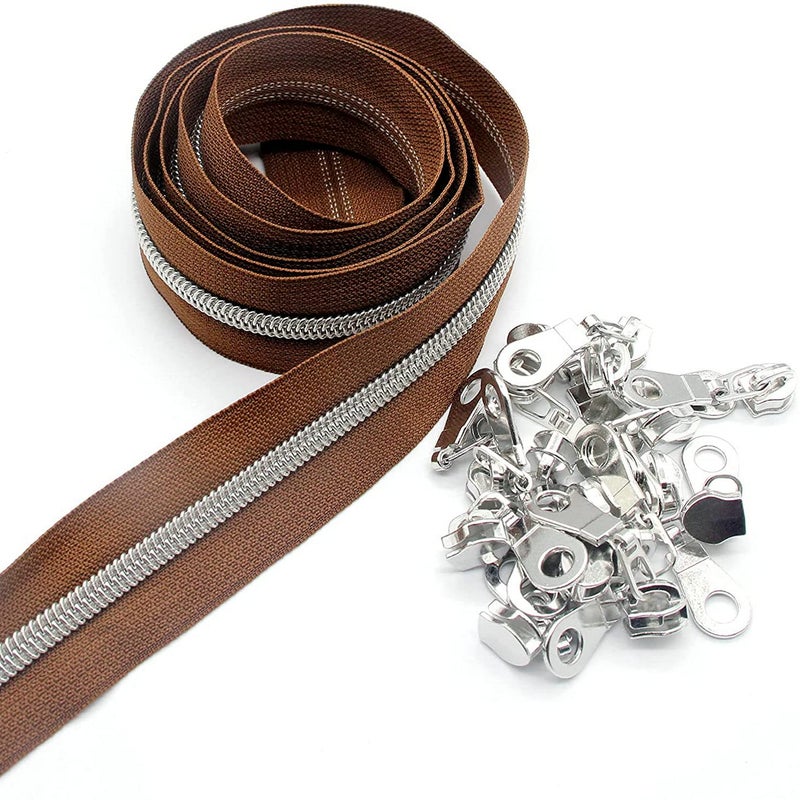 Leekayer #5 Metallic Silver Nylon Coil Zippers by The Yard Bulk 10 Yards Brown Zipper Tape with 25pcs Silver Sliders for DIY Sewing Tailor Craft Bag(Brown) - Image 1